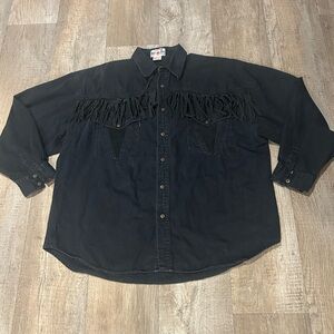 Black denim button up shirt with fringe western cowboy